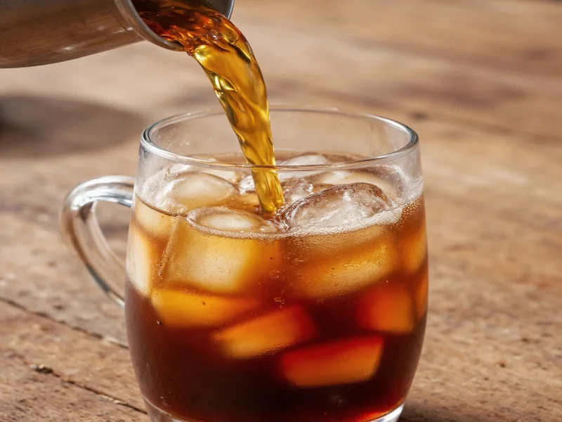 Double-strength coffee poured over ice cubes