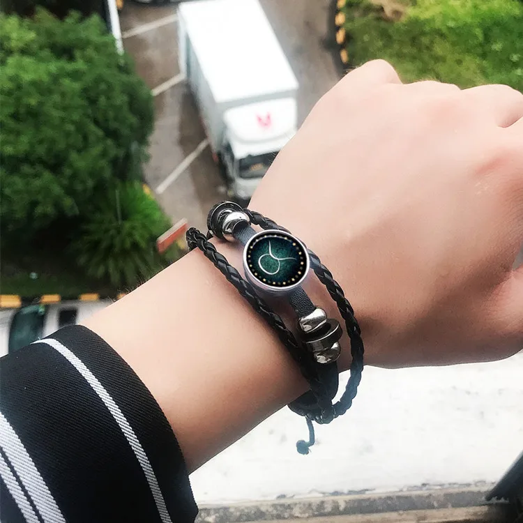 

Wholesale Retro Zodiac Bracelet Hand-woven Lovers Zodiac Time Gemstone Leather Bracelet Jewelry, Black