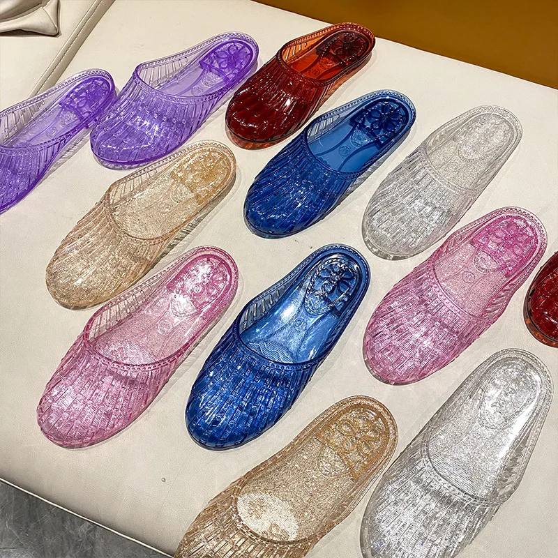 

New summer transparent slippers women's bling headpiece baotou leisure hollow light ladies crystal jelly slippers