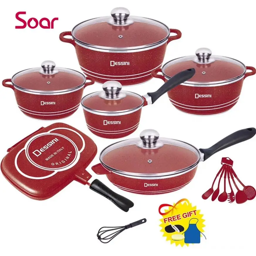 

Kitchen Household Pot Set Aluminum Die-Casting Marble Non-Stick The New 23Pcs, Red w-red pink green
