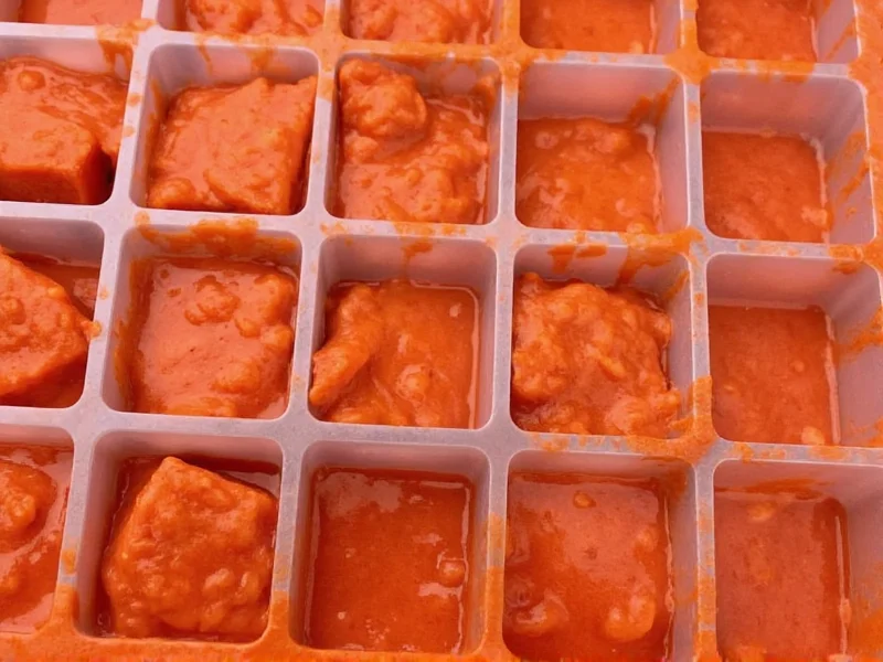 Spaghetti sauce cubes frozen in ice tray