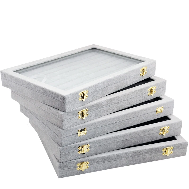 

Newest Jewelry Display Tray Necklace Ring Display Box Velvet Jewelry Organizer Box Bead Container Storage, Gray silver