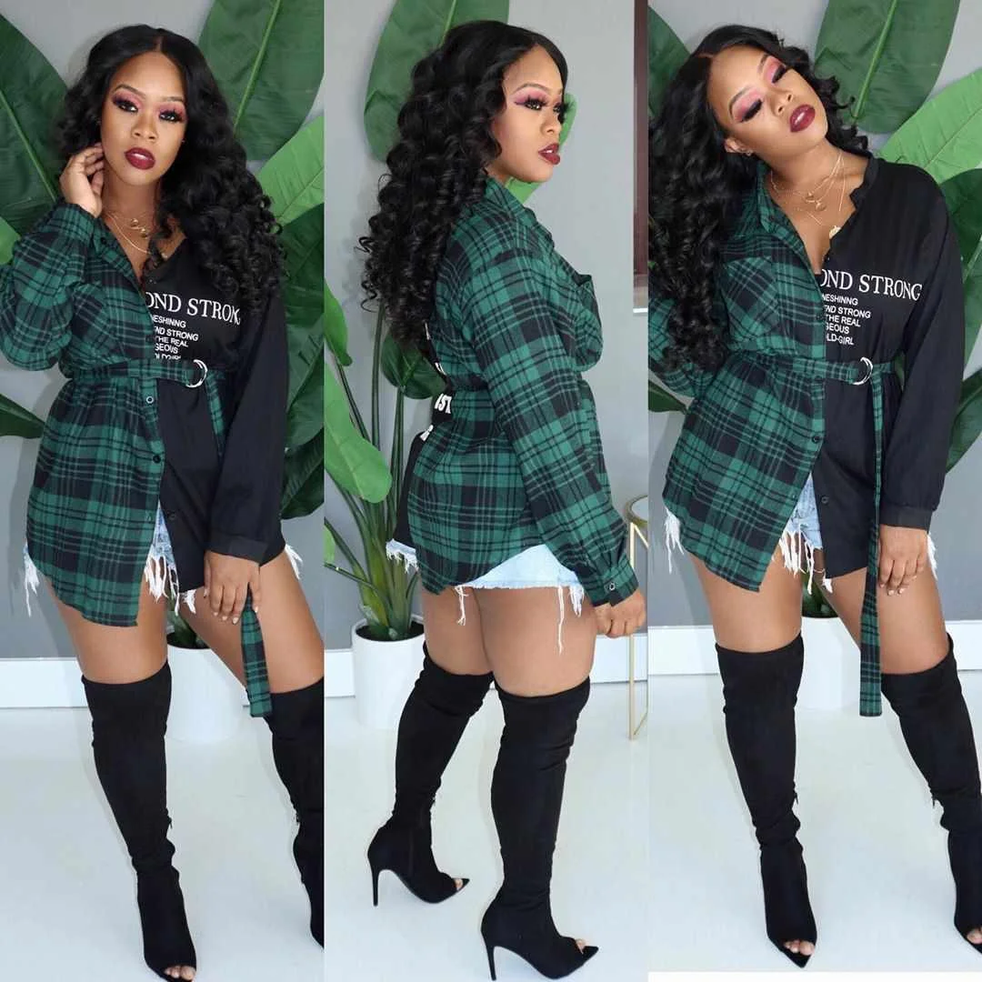

Hot Selling Trendy Contrast Check Short Shirt Dresses Women Casual Long Sleeve Womens Button Down Shirt Dress Casual With Belt, Blue or custom shirt dresses women casual long sleeve