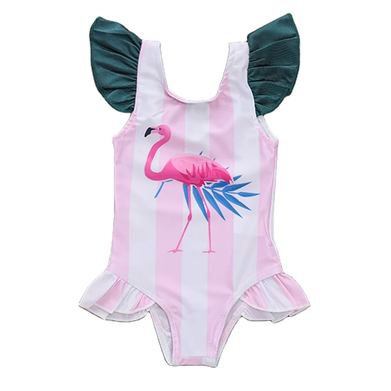 

2021 Cartoon fashion new wholesale baby romper children clothes pink and white thick striped kids bird print swimsuit