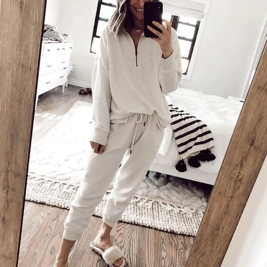 

Casual Holiday Women Sleepwear Pajama Half Zipper Soft White Plus Size Tracksuit Loungewear 2 Piece Sets, Customized color