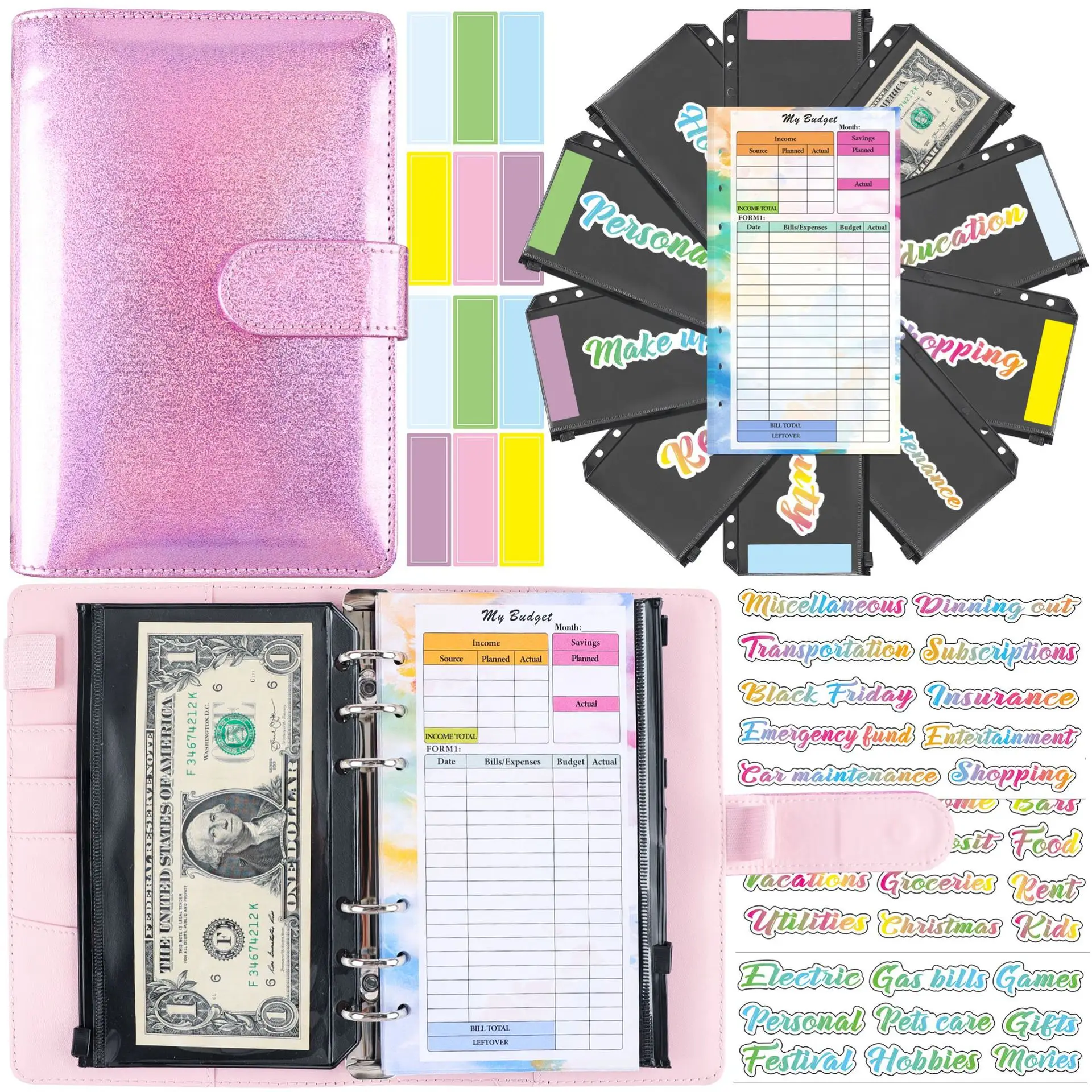 

Wholesale loose leaf glitter A6 budget binder with cash envelopes planner wallet 6 ring card binder set zipper system