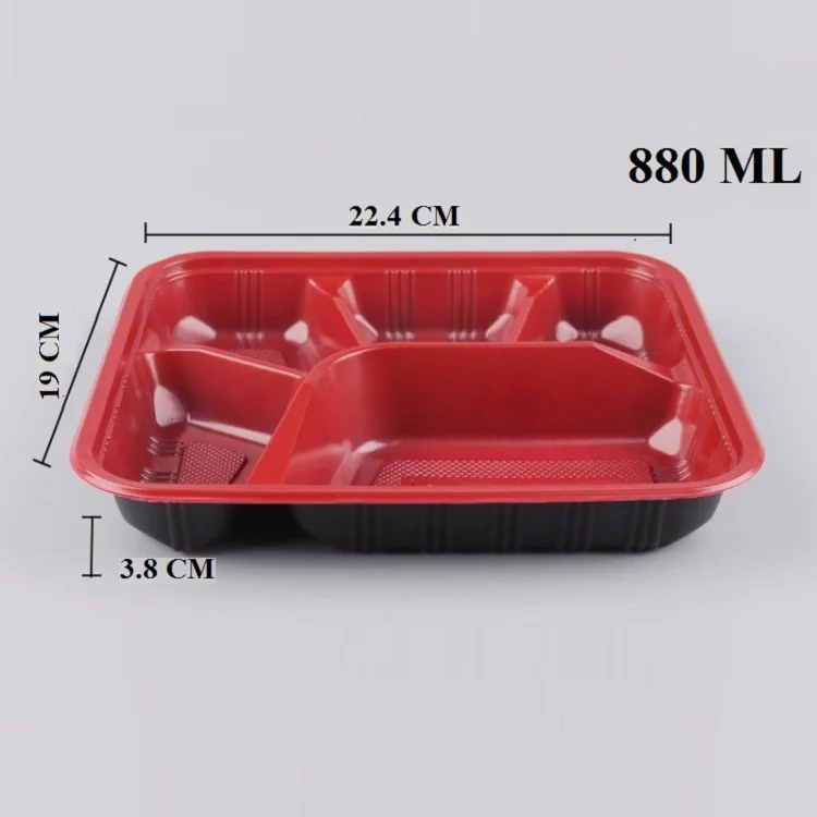 

Custom Takeaway 5 compartment disposable plastic lunch bento box, Meal box:red and black;lid:clear