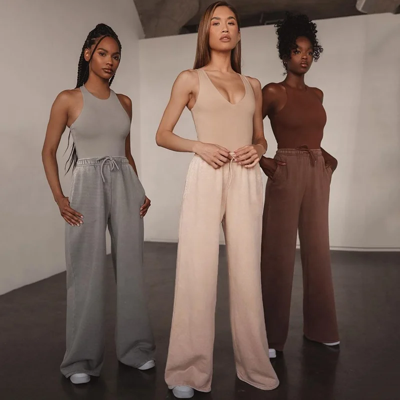 

2021 Pants Women Drawstring Waist Solid Trendy Ladies Flare Pants Full Length Loose Outfits women Casual Sweat Jogger Pants