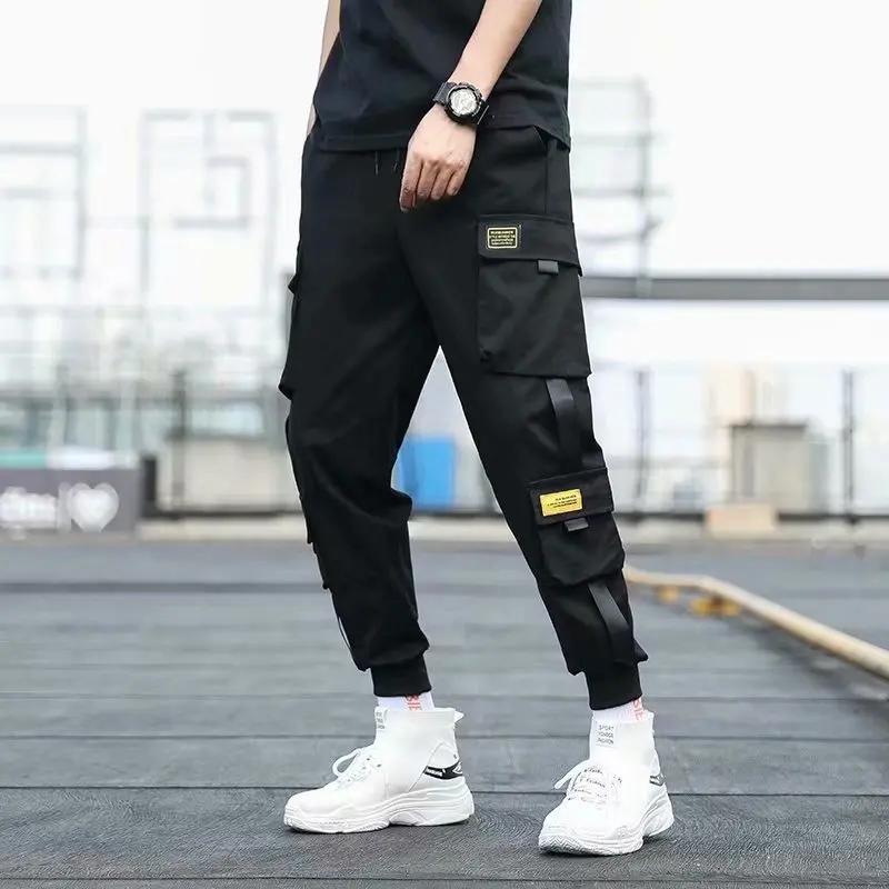 

2020 Men's Side Pockets Cargo Harem Pants Ribbons Black Hip Hop Casual Male Joggers Trousers Fashion Casual Streetwear Pants