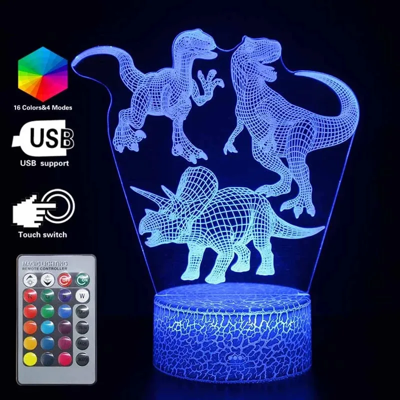 TW-909 16 Color Dinosaur LED 3D Night Lights Cartoon Fashion Remote Control Table Desk Lamp for Kids Christmas Birthday Gift