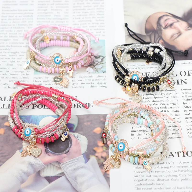 

2022 New Arrival Multi Layered Evil Eye Jewelry Acrylic Bead Hand Of Hatifah Charm Evil Eye Bracelet