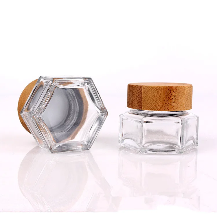 

Fancy Cosmetic Jar Empty Hexagonal 30ml 50ml 100ml Cream Glass Jars with Bamboo Lids