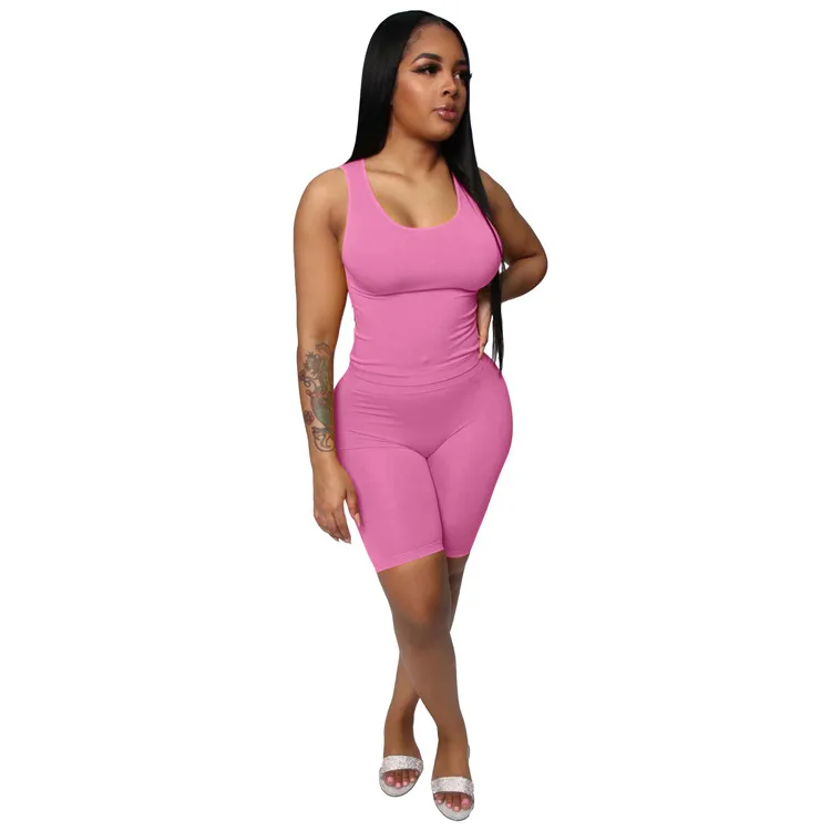 

Amazon Hot Style Solid Color Sportswear Vest Women Two Piece Summer Sets Two Piece Sets, Picture color
