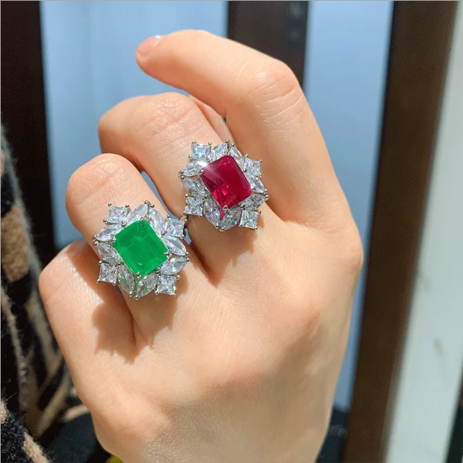 

High Quality Inlay Pigeon Blood Ruby Diamond Ring Adjustable Iced Zircon Rectangle Emerald Engagement Ring