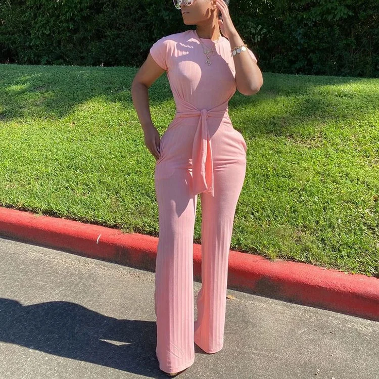 

Trending Women Clothing 2021 Short Sleeve Wide Leg Ribbed Women One Piece Summer Long Jumpsuit pants, Yellow,pink,purple