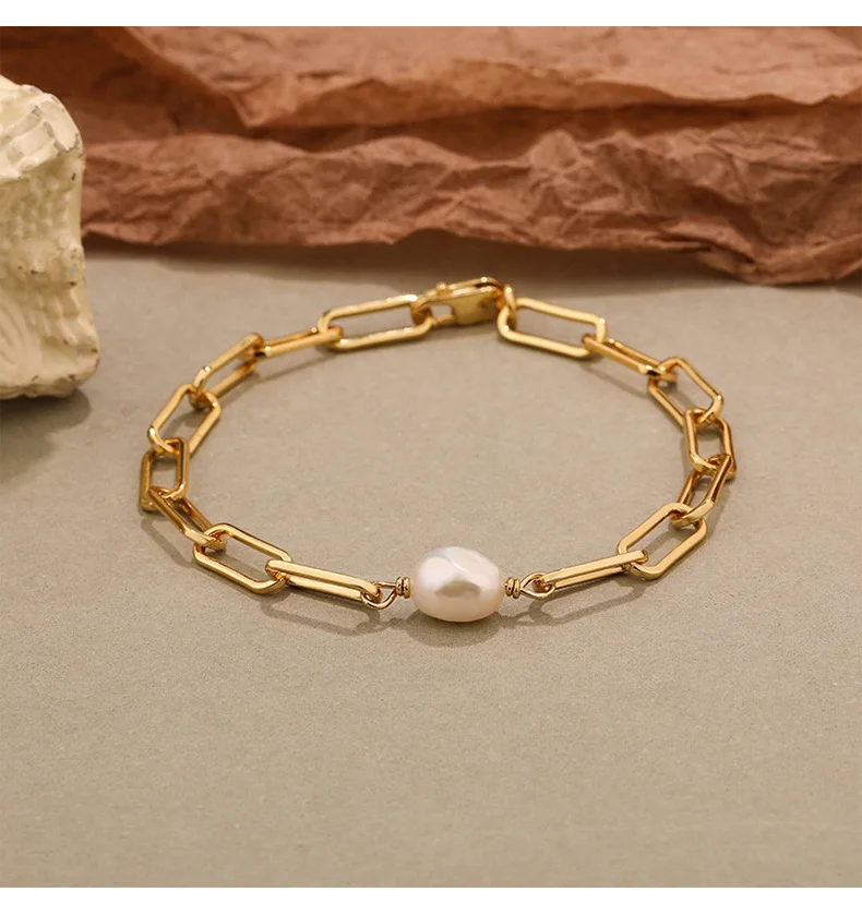 

VIANRLA 925 sterling silver fashion freshwater pearl 18k gold plated bracelet with paper clip chain