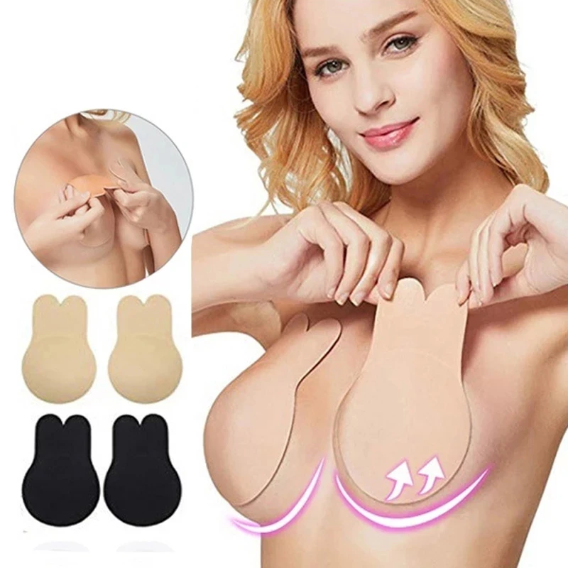 

Women Push Up Bras Self Adhesive Silicone Strapless Invisible Bra Reusable Sticky Breast Lift Tape Rabbit Nipple Cover Bra Pads, Beige black