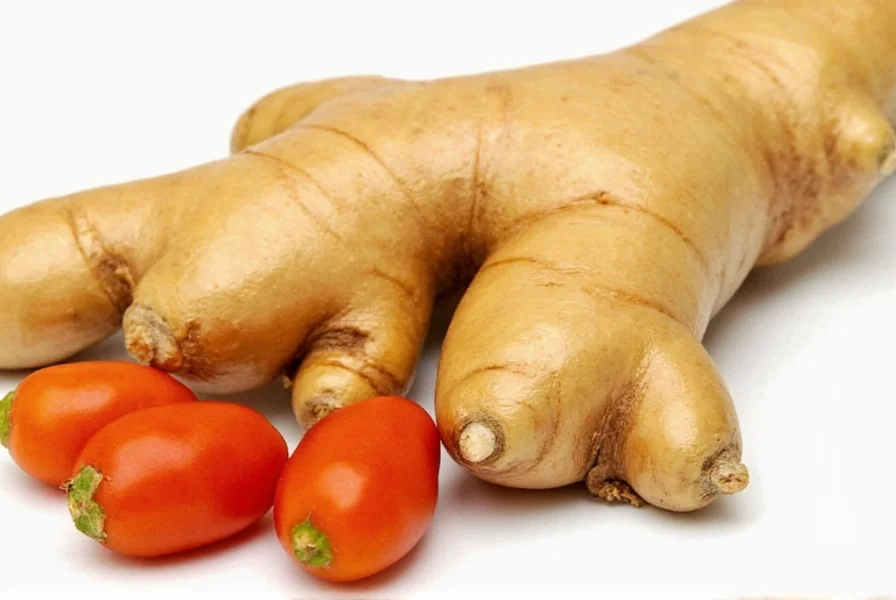 Fresh ginger root next to dried ginger powder showing the physical transformation