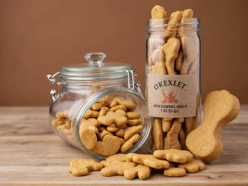 Dog biscuits stored in glass jar with label