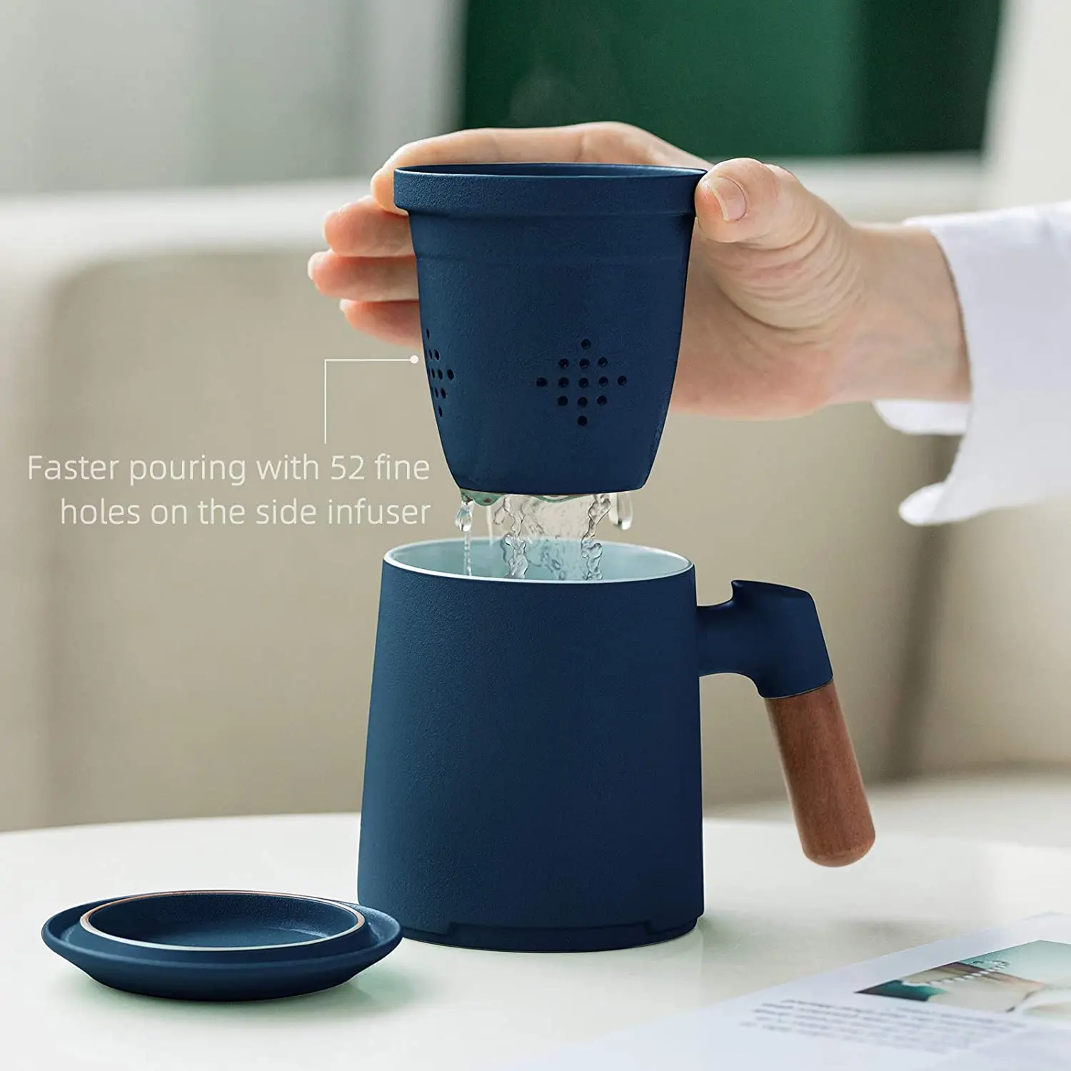 

Custom Rosewood Handle Loose Steeping Tea Cup Teacup Sets with Infuser and Lid Gradient Large Ceramic Coffee Mug Set