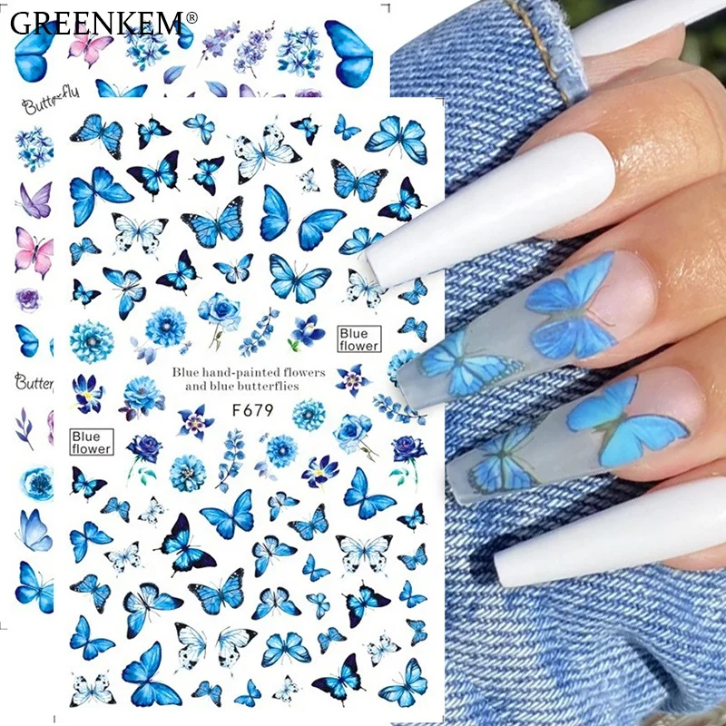 

GREENKEM Ultra-thin Adhesive Blue Black Decals Spring Theme Flowers Gold Moon Star 3D Holographic Butterflies Nail Stickers, Colorful