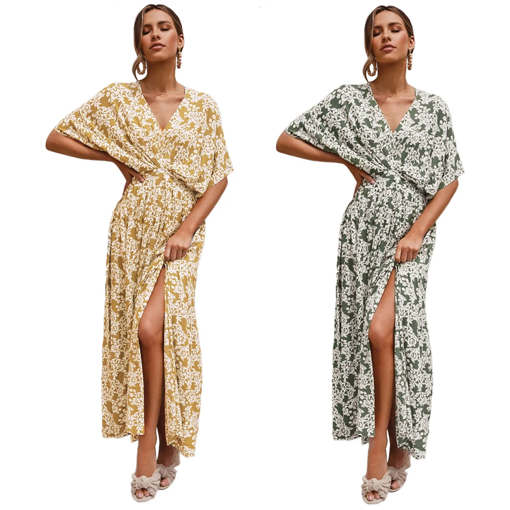 

Wholesale Vintage Bohemian Style Dress Bandeau Boho Floral Print Long Beach Lady Dresses