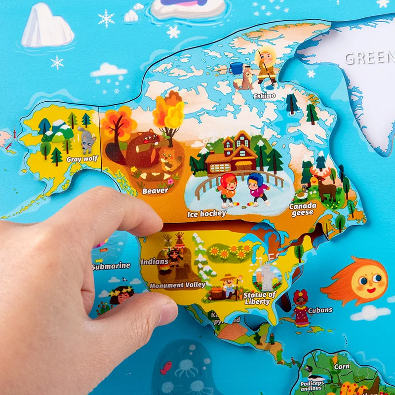 

Amazon Hot sale wooden world map puzzle for 3 4 5 6 7 8 children jigsaw magnetic educational toys kids toys