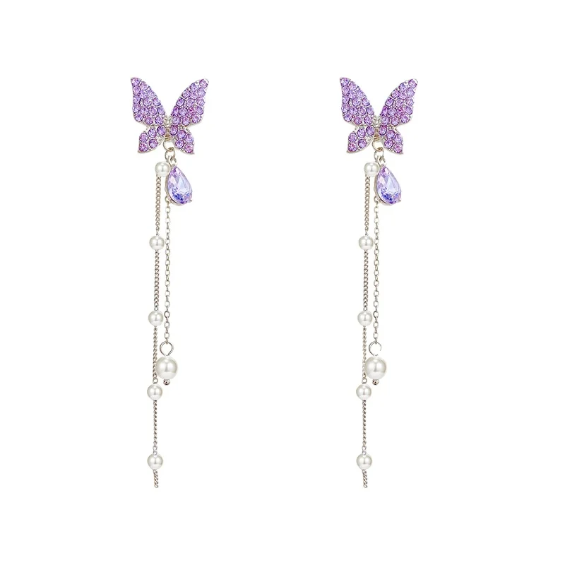 

European American Long Retro Earrings Temperament Tassel Earrings Silver Needle Net Red Pearl Butterfly Fashion Earrings