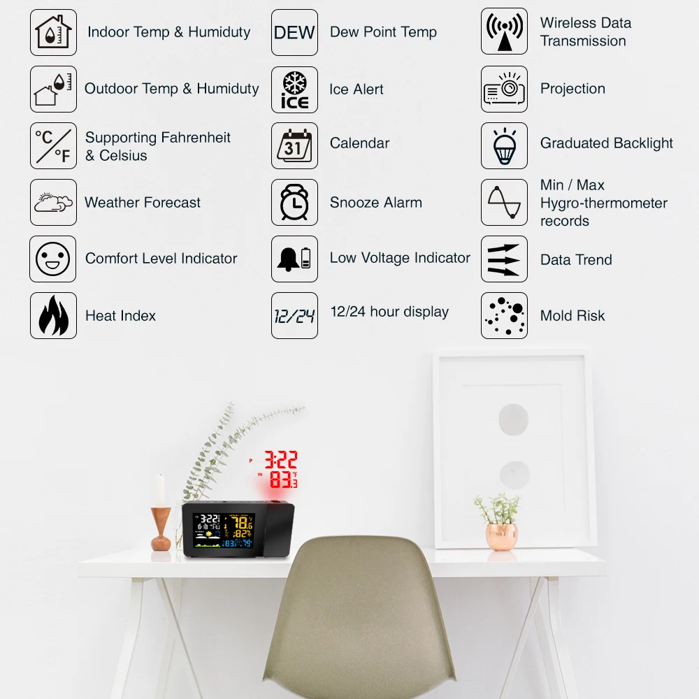 
Projection Alarm Clock With Weather Station Forecast PT3391 Weather Clock display Indoor Outdoor temperature Humidity 