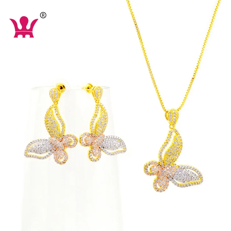 

2020 new fashion gold plated earring and pendant necklace wedding accessories with cubic zirconia, White stone with three colours platium plated