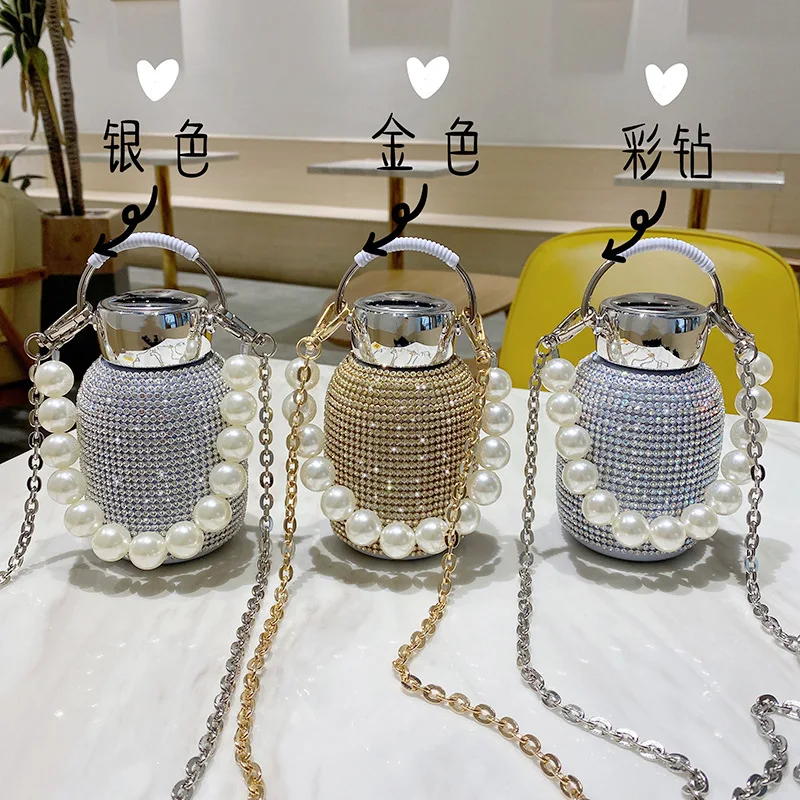 

Fashion Girl Creative DIY Portable Handle Crystal Rhinestone Diamond Bling Bling Stainless Steel Vacuum Thermos Big Belly Bottle, Silver,gold