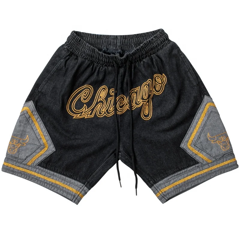 

Cross border N B A series Sam gold popular logo Chicago sport no knee denim basketball shorts GP2022860BK, As picture