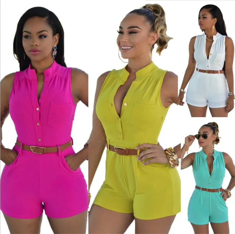 

Women Summer Sleeveless Loose Fitting Casual Short Romper Jumpsuit with Belt