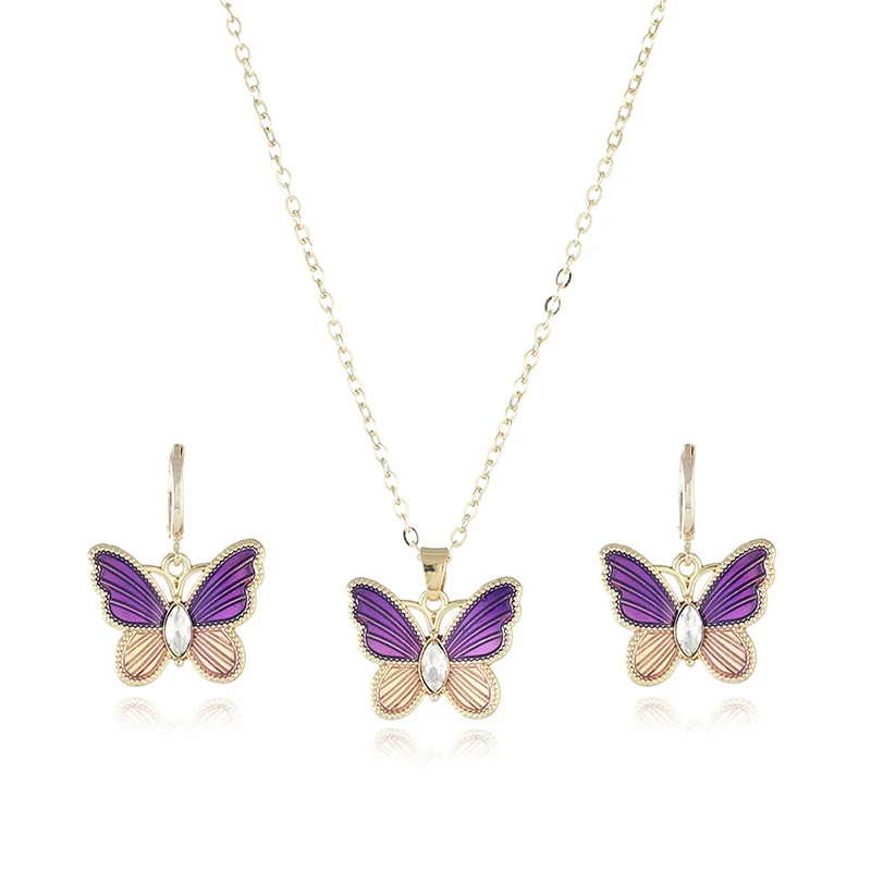 

2021 Hot Sales New Fashion Butterfly Necklace Earrings Jewelry Set Alloy Set Diamond Girls Jewelry, Picture shows