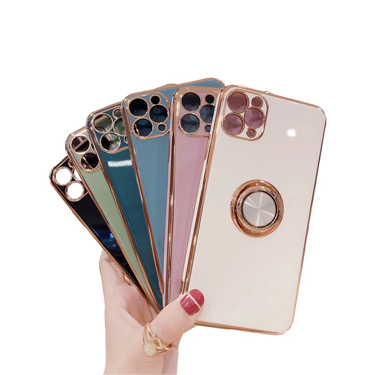 

Luxury Plating TPU Cell Phone Cover, For iPhone 13 Pro Max 12 11 xr Phone Square Soft Case & Ring Holder Stand Cases