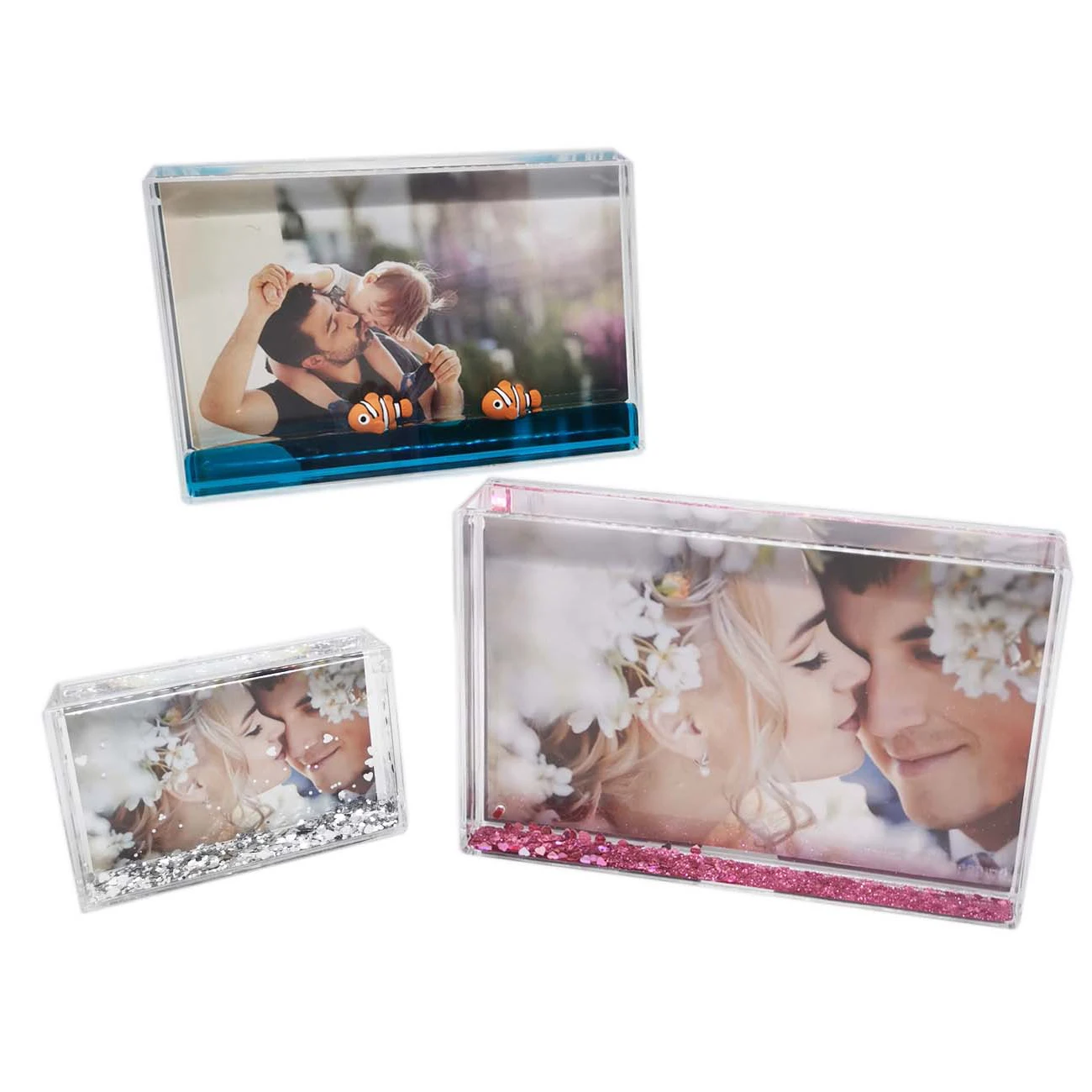 

Custom Photo Frame Blue Liquid Coloring Photo Frame Clear Plastic Acrylic 4x6 Picture Frames, Clear acrylic, colorful glitters