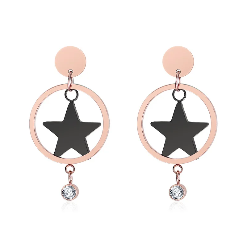 

Korean version of titanium steel rust steel round cakes five pointed star earrings pendants zircon earrings