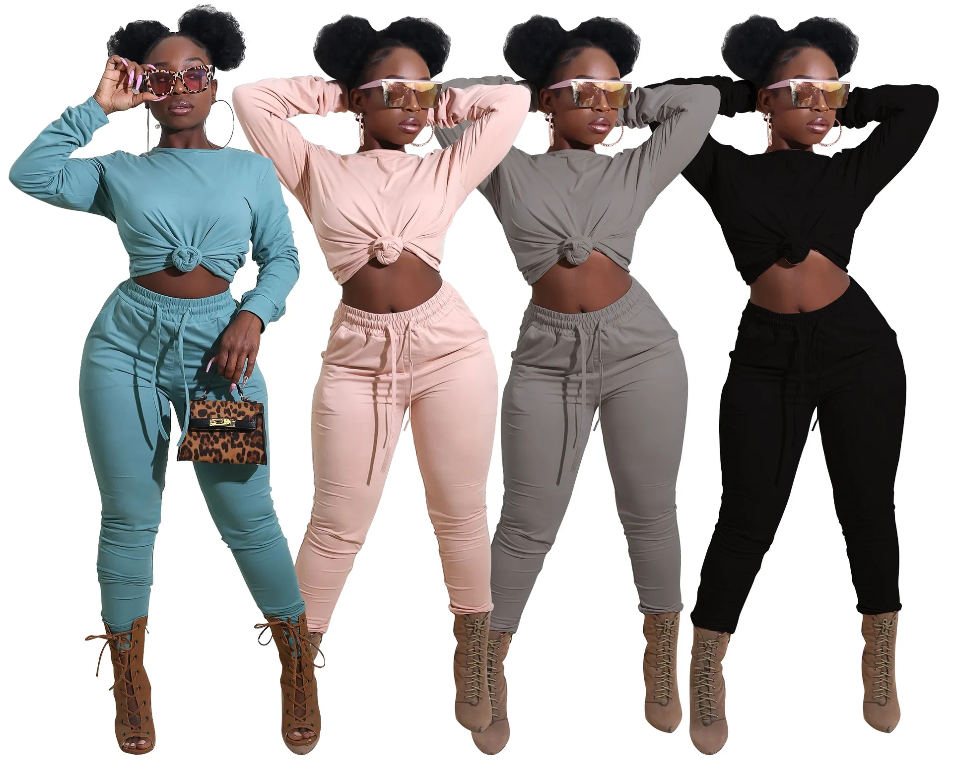 

B53634A Europe woman autumn winter wear fashion round collar pants set, Black/gray/pink/blue