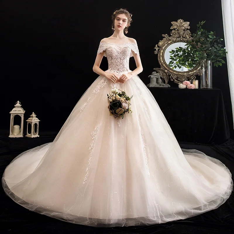 

JKM024 Off Shoulder Lace Women Luxury Applique Bling Wedding Dresses Ball Gown