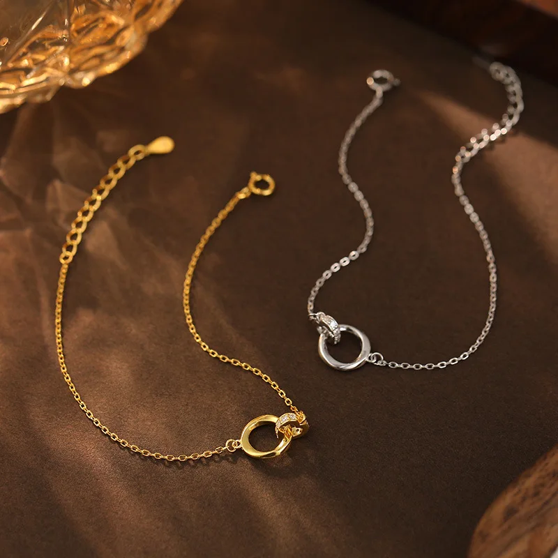 Wholesale Fashion Minimalist Jewelry 925 Sterling Silver Geometric Zircon Round Double Rings Gold Plated Bracelets Women