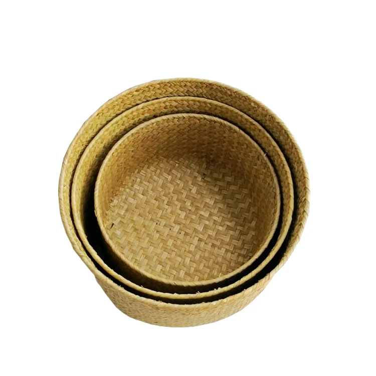 

Woven straw seagrass Home organizer round basket for home laundry or planter pot