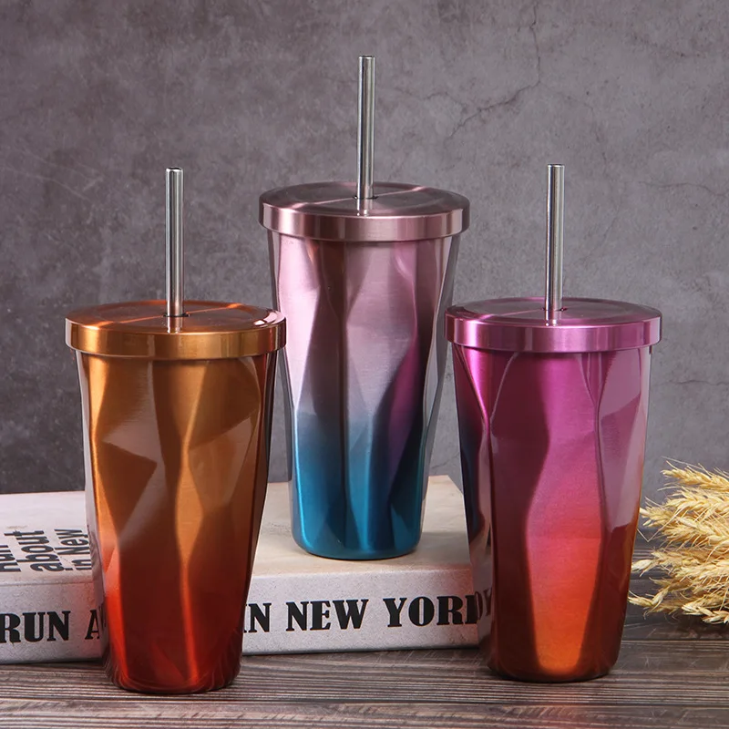 

Portable rhombic water bottle stainless steel mug cup with lid and straw