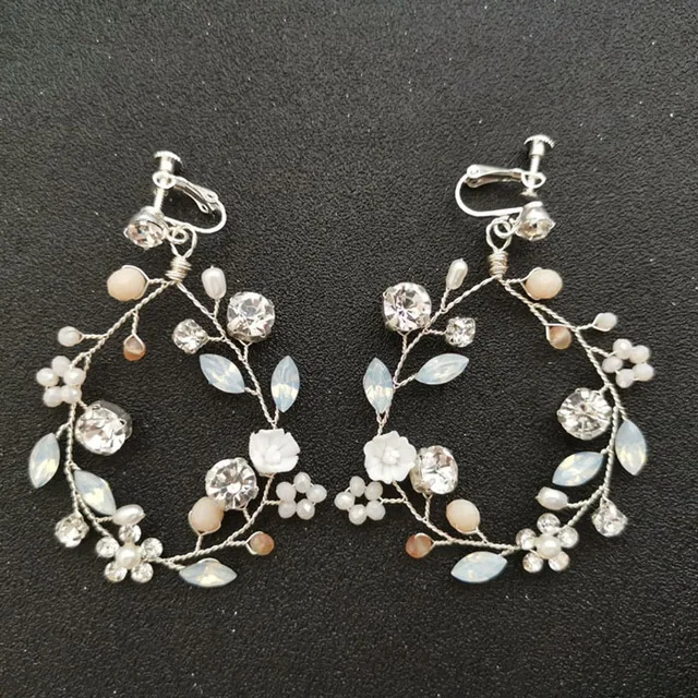 

SLBRIDAL Handmade Rhinestones Crystal Pearl Clip on Wedding Dangle Earring Bridal Chandelier Earring Fashion Women Girls Jewelry