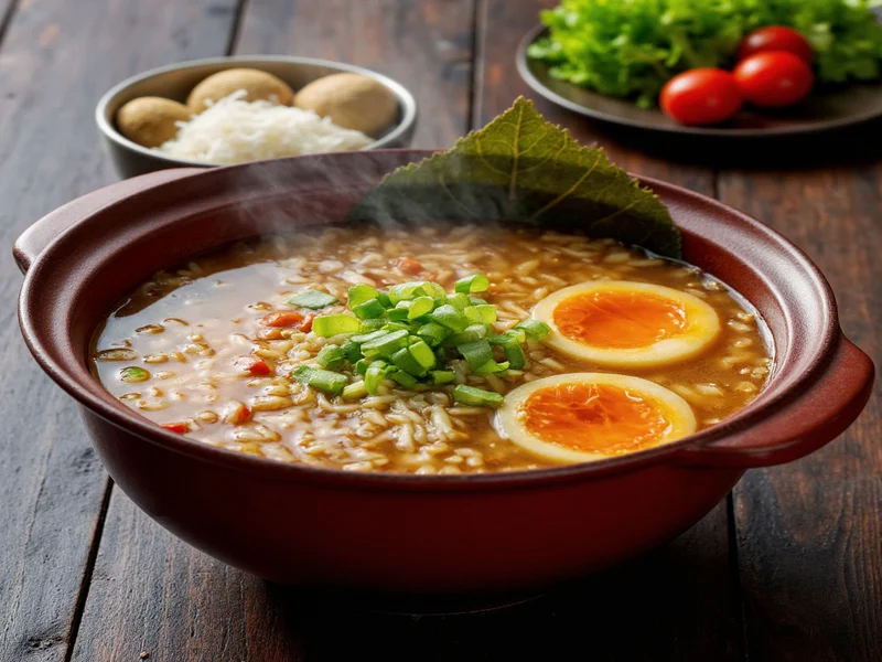 Homemade ramen broth simmering in pot with ingredients