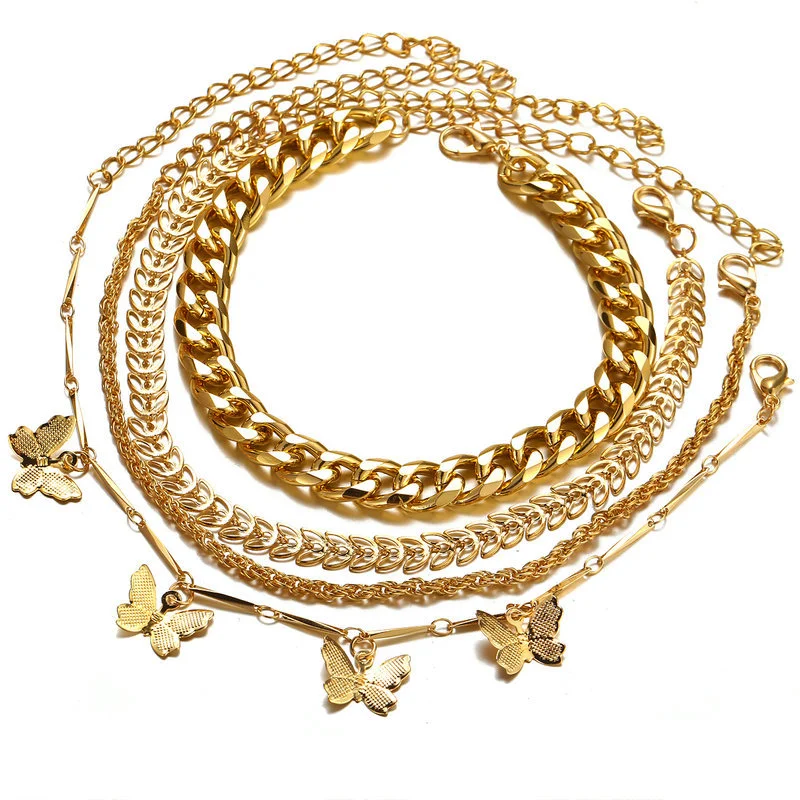 

link chains ring cuban link chain women iced out link 4 pcs per set butterfly anklet, Gold