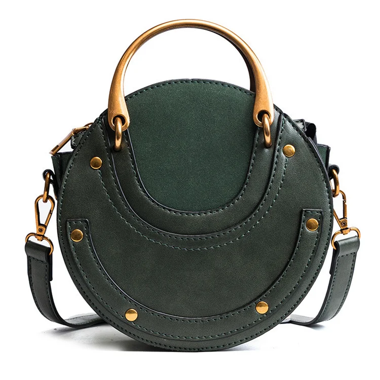 

2021 new high quality rivet frosted stitching leather small round hand bag ladies fashion handbags, Black,,green, brown