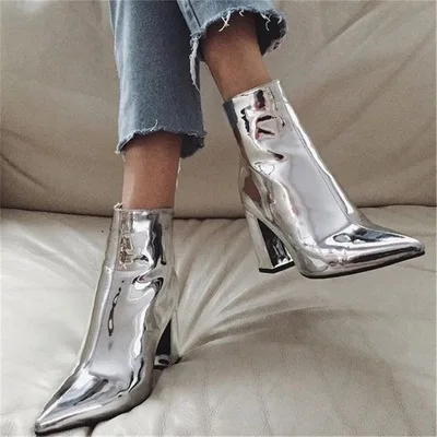 

2022 patent leather pointed toe chunky heel high heels zipper knight boots silver slide boots, White,black