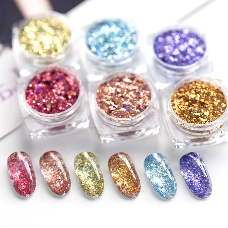 

Wholesale Fashionable girls nail design DIY muti colors shiny laser holographic metallic nail glitter powder Sequins, Picture