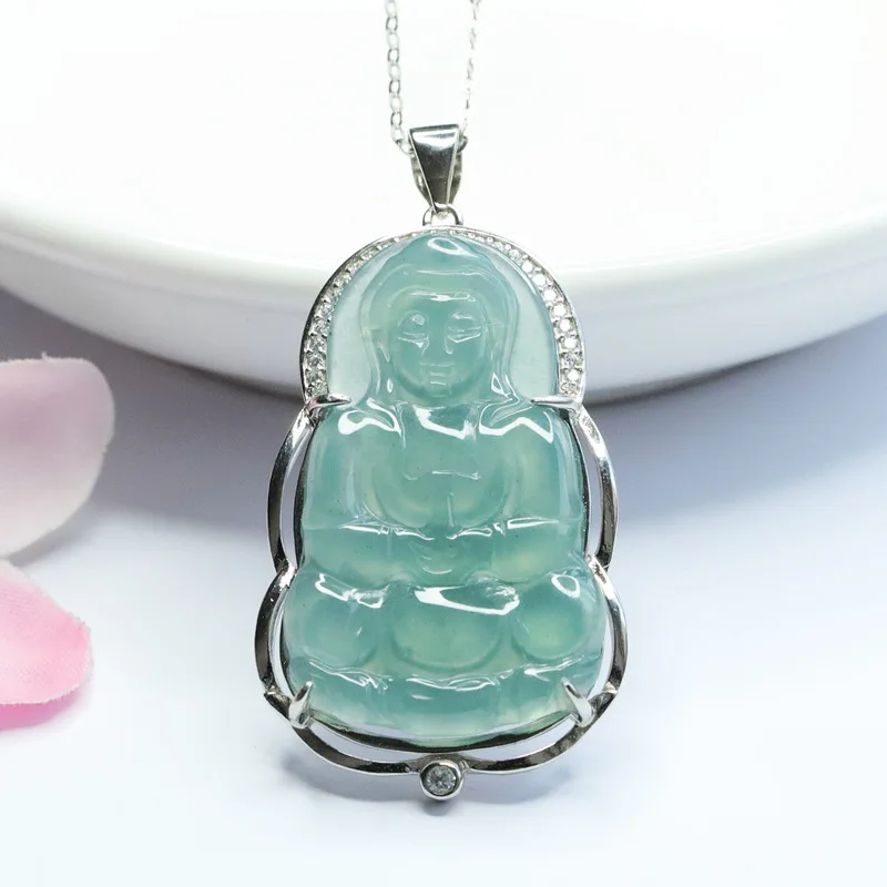 

Live Delivery S925 Silver Inlay Ice-Like Jade Goddess Of Mercy Pendant Myanmar Blue Water Jade Pendant Necklace Gift
