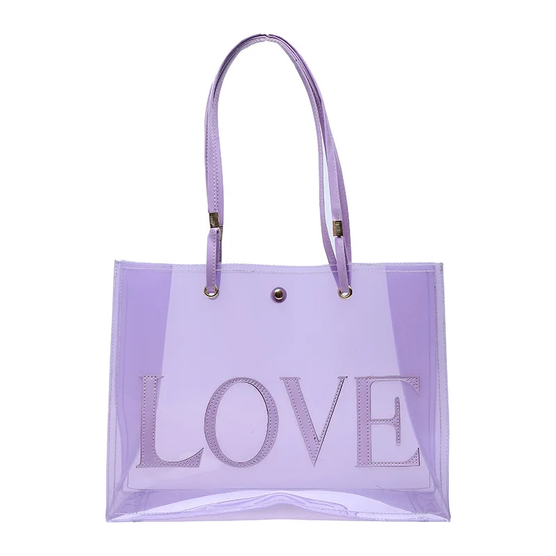 

2021 summer transparent large bag letter jelly love bag large capacity fashion portable shoulder bag, Customizable